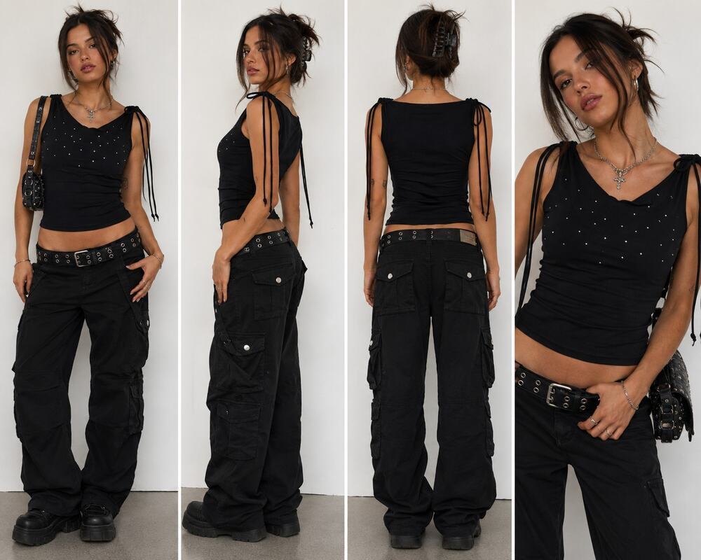 Vintage Y2K Black Rhinestone Tank Top Tie Shoulder Mall Goth Cyber Fairy S/M